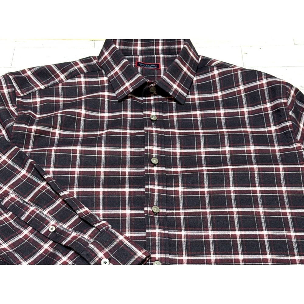 UNTUCKit Benoit Flannel Shirt Men's Black Burgandy Plaid Longsleeve Button Up LG